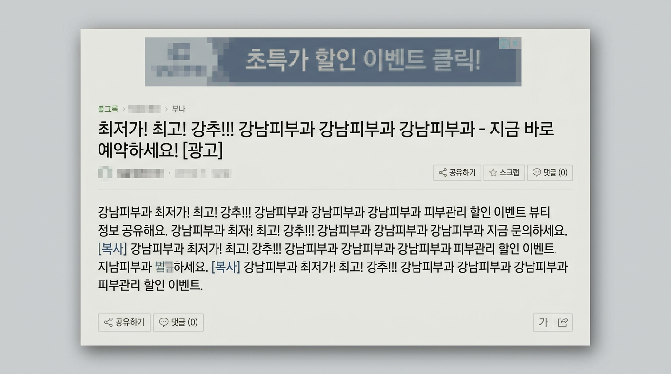 일반 콘텐츠 예시 - 광고성 반복 문장과 키워드 나열